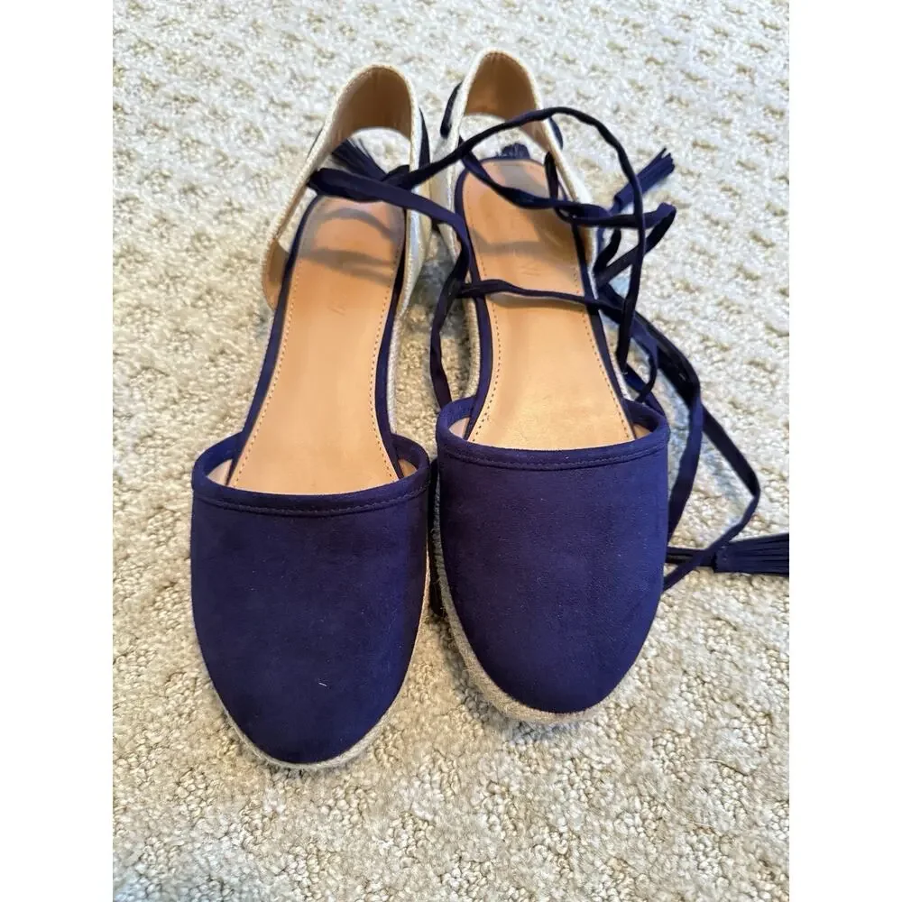 Women's J.Crew Microsuede Lace-Up Espadrilles Flats Navy Size 6 J0839